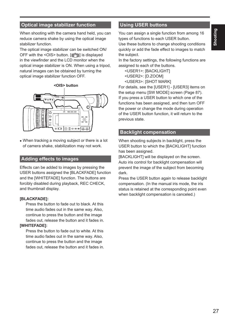 Optical image stabilizer function, Adding effects to images, Using user buttons | Backlight compensation | Panasonic AG-AC160AEN User Manual | Page 27 / 110