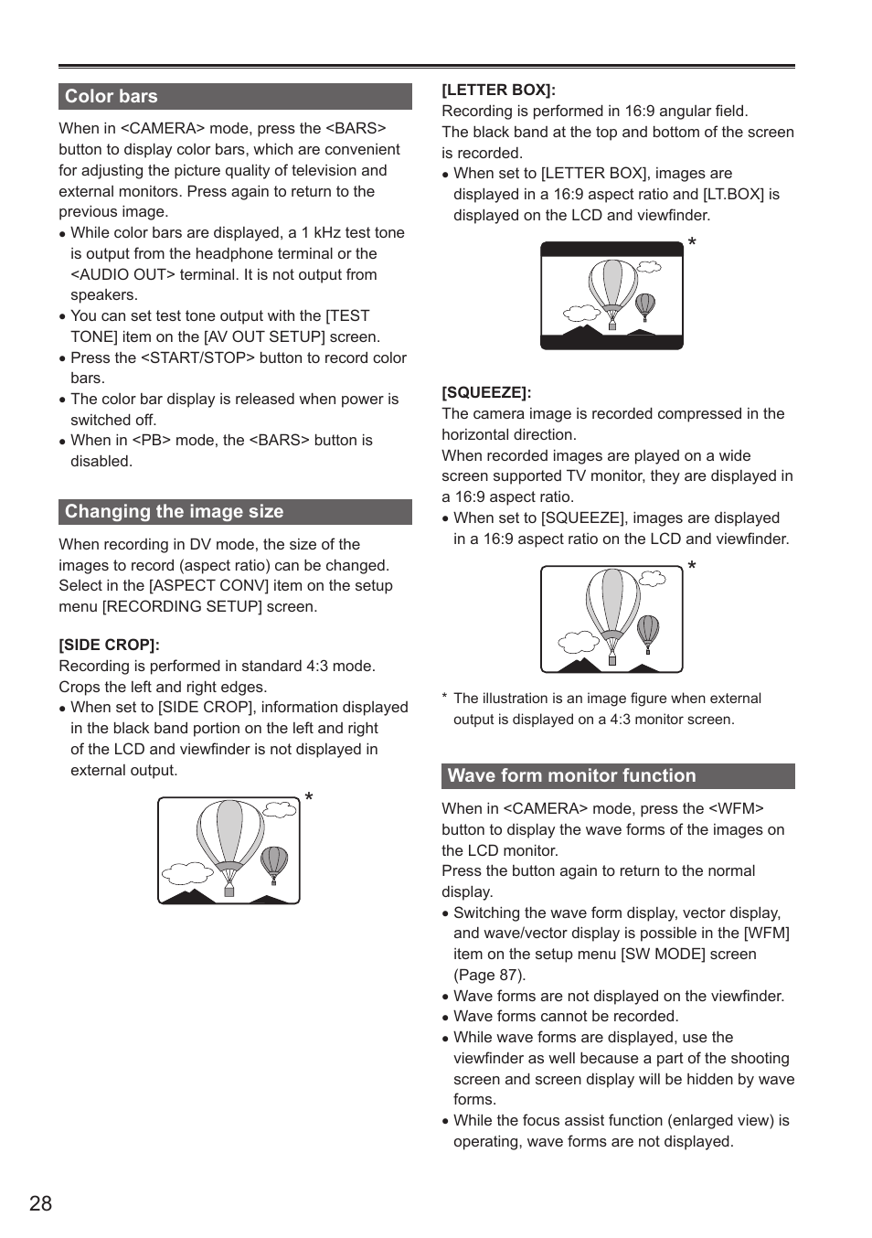Color bars, Changing the image size, Wave form monitor function | Panasonic AG-AC160AEN User Manual | Page 28 / 110
