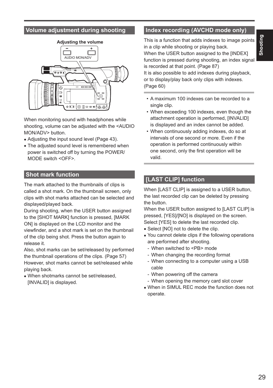 Volume adjustment during shooting, Shot mark function, Index recording (avchd mode only) | Last clip] function | Panasonic AG-AC160AEN User Manual | Page 29 / 110