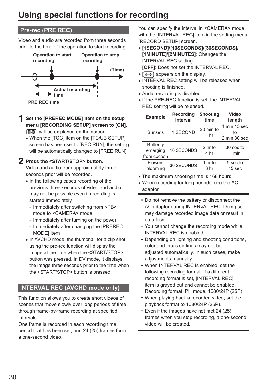 Using special functions for recording, Pre-rec (pre rec), Interval rec (avchd mode only) | Pre-rec (pre rec) interval rec (avchd mode only) | Panasonic AG-AC160AEN User Manual | Page 30 / 110