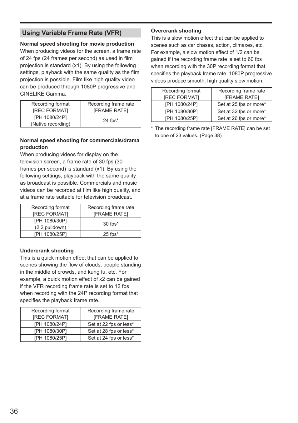 Using variable frame rate (vfr) | Panasonic AG-AC160AEN User Manual | Page 36 / 110