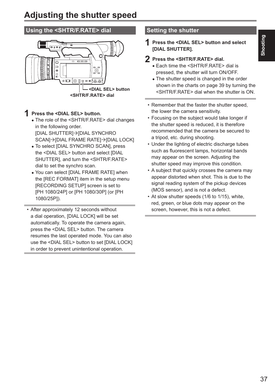 Adjusting the shutter speed, Using the <shtr/f.rate> dial, Setting the shutter | Using the <shtr/f.rate> dial setting the shutter | Panasonic AG-AC160AEN User Manual | Page 37 / 110