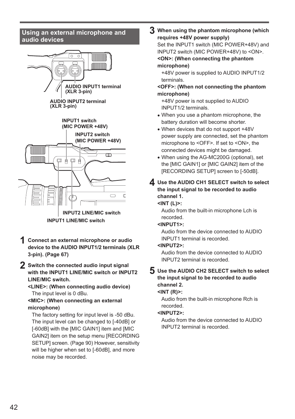 Using an external microphone and audio devices, Using an external microphone and audio, Devices | Panasonic AG-AC160AEN User Manual | Page 42 / 110