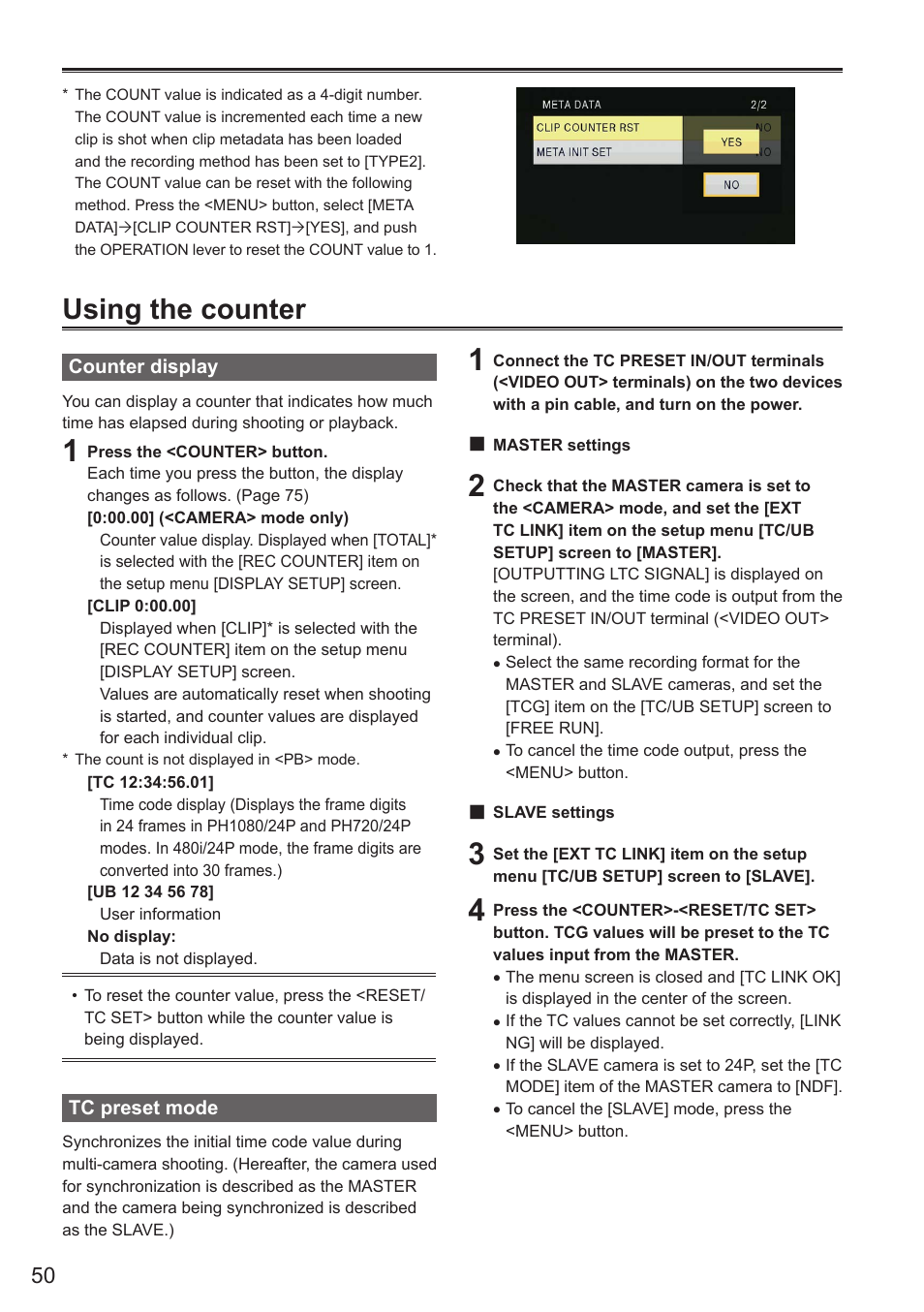 Using the counter, Counter display, Tc preset mode | Counter display tc preset mode | Panasonic AG-AC160AEN User Manual | Page 50 / 110