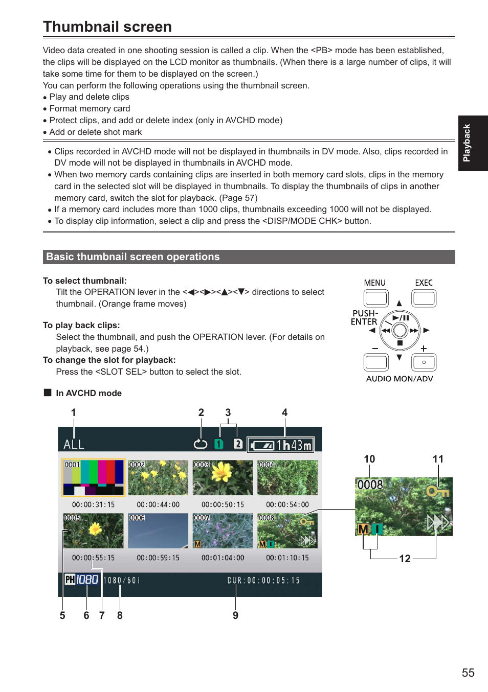 Thumbnail screen, Basic thumbnail screen operations | Panasonic AG-AC160AEN User Manual | Page 55 / 110