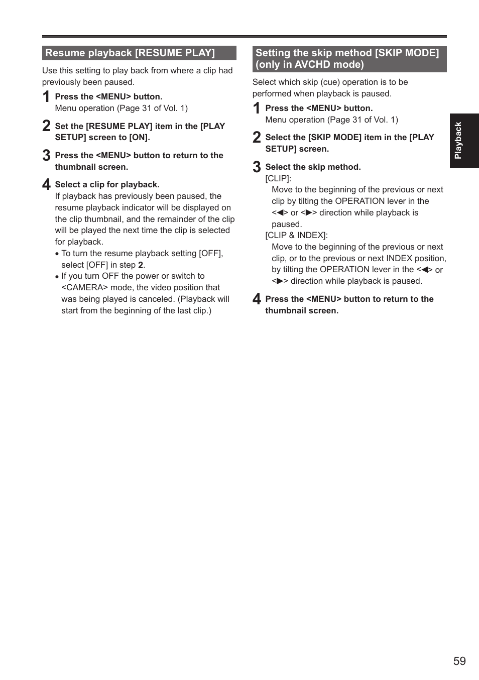 Resume playback [resume play, Only in avchd mode) | Panasonic AG-AC160AEN User Manual | Page 59 / 110