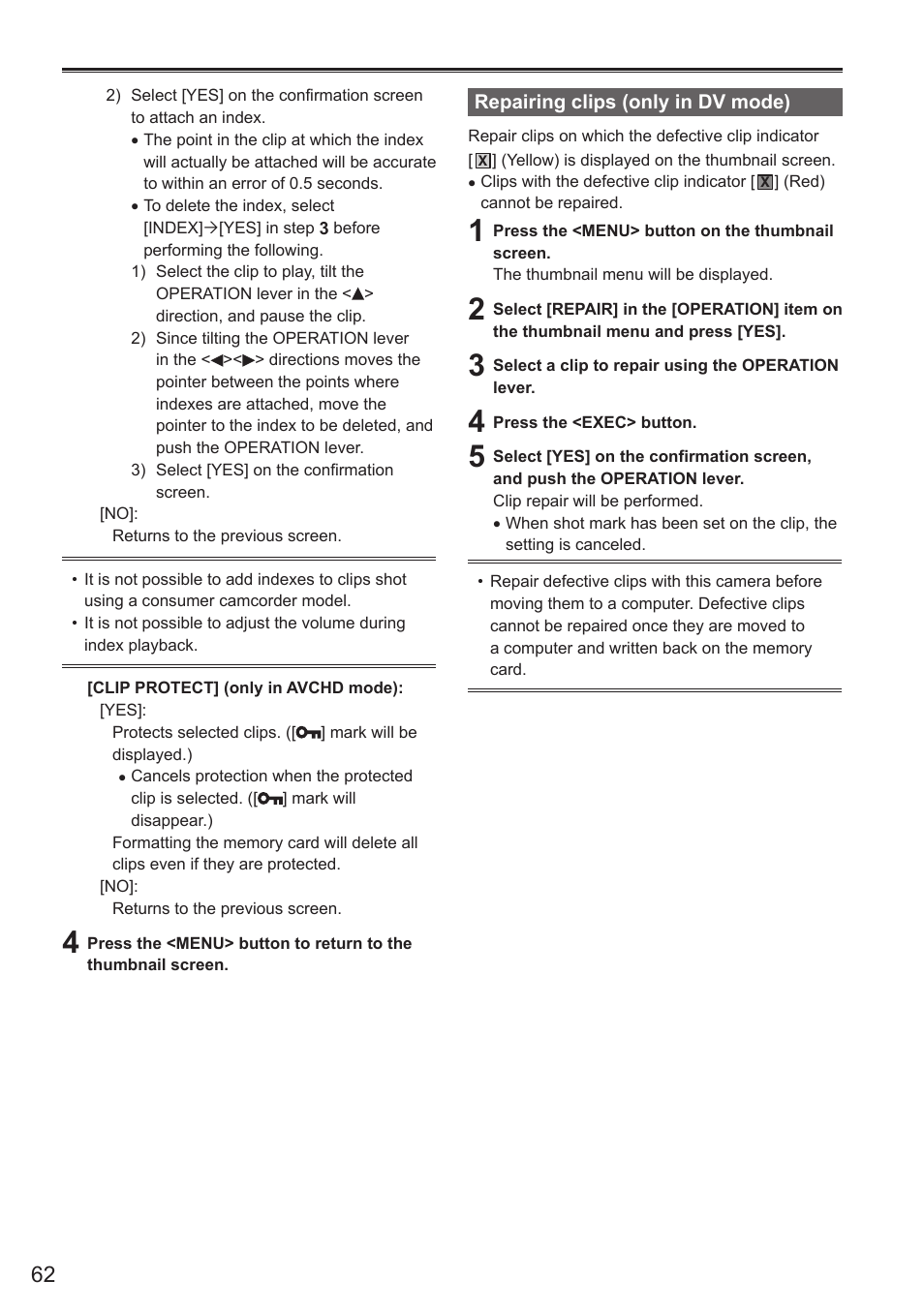 Repairing clips (only in dv mode) | Panasonic AG-AC160AEN User Manual | Page 62 / 110