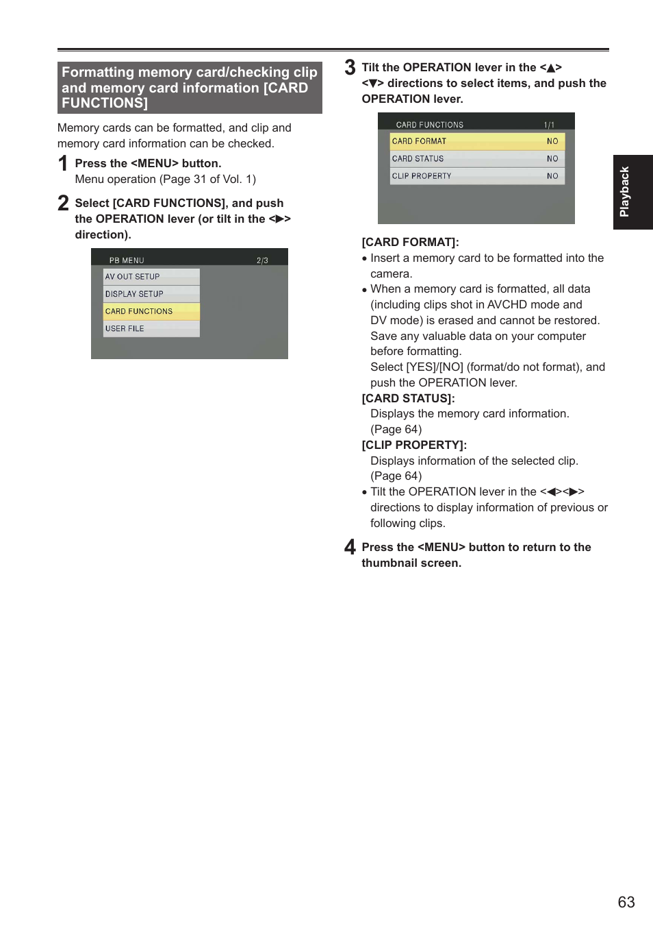 Formatting memory card/checking clip, And memory card information [card functions | Panasonic AG-AC160AEN User Manual | Page 63 / 110