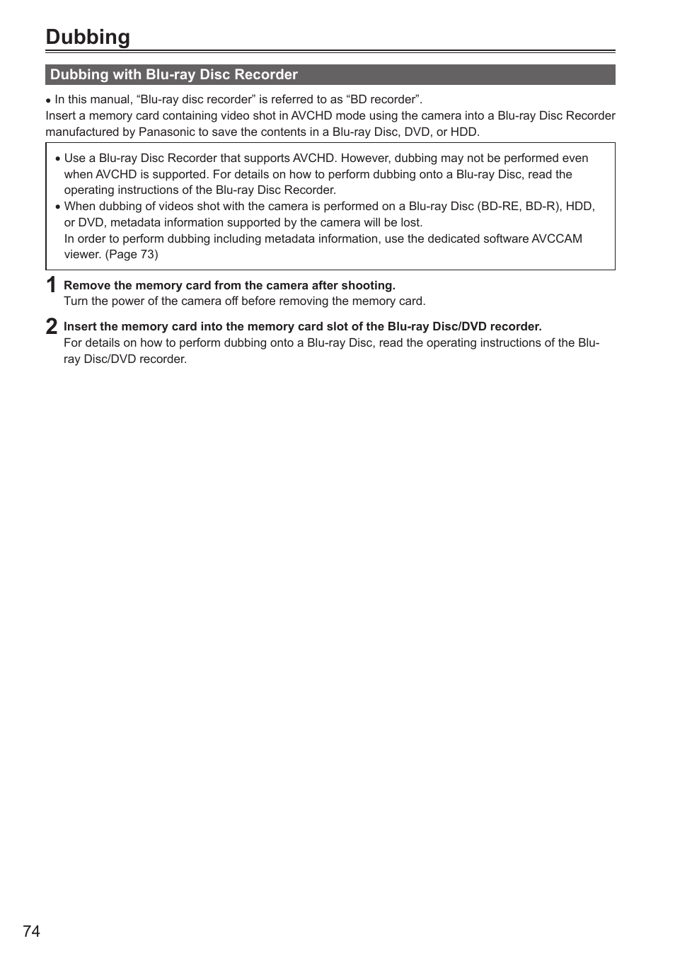 Dubbing, Dubbing with blu-ray disc recorder | Panasonic AG-AC160AEN User Manual | Page 74 / 110