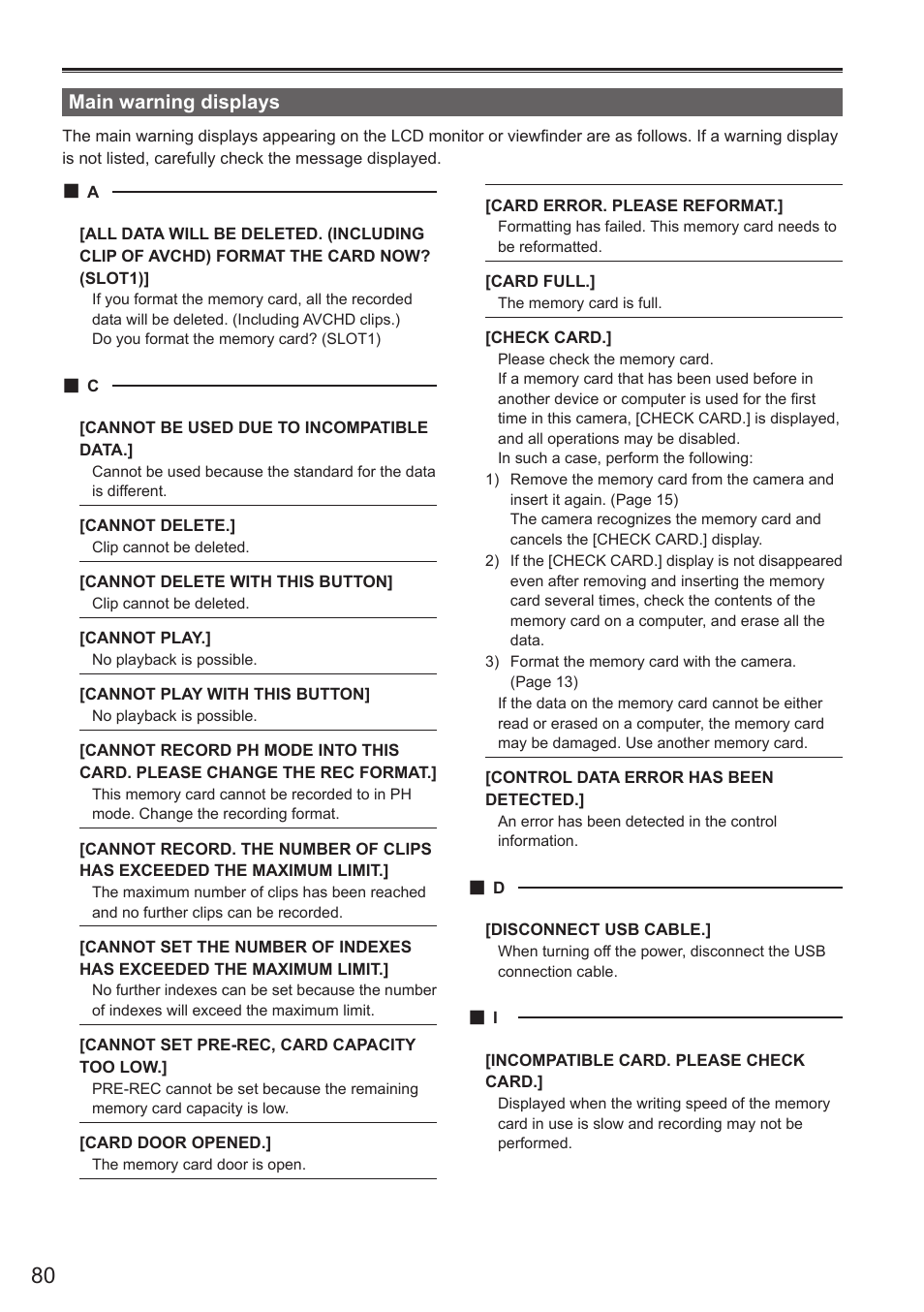 Main warning displays | Panasonic AG-AC160AEN User Manual | Page 80 / 110