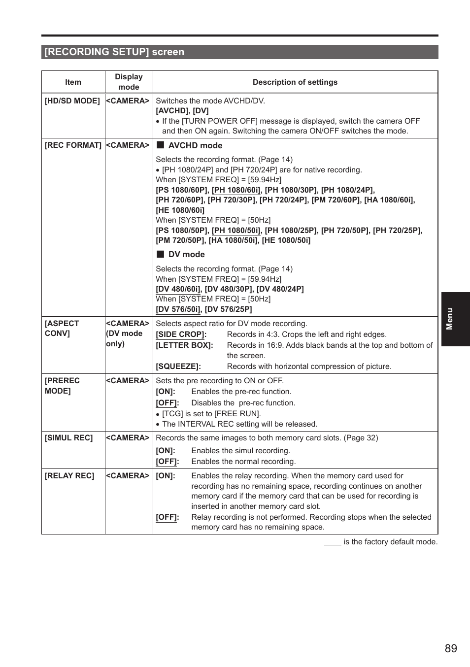 Recording setup] screen | Panasonic AG-AC160AEN User Manual | Page 89 / 110
