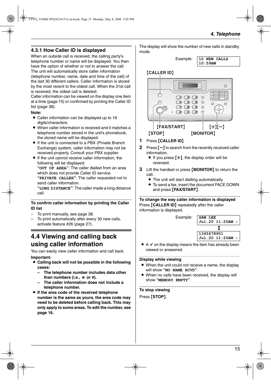 Viewing and calling back using caller information | Panasonic KX-FT934HK User Manual | Page 15 / 44
