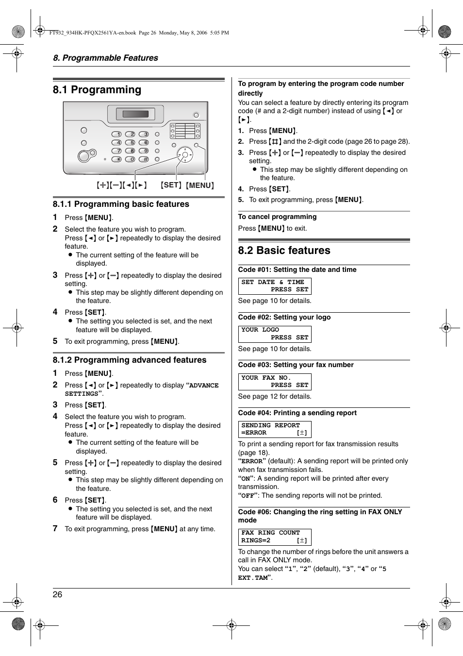 Programmable features, Features summary, 1 programming | 2 basic features, Programming, Basic features, 1 programming, 2 basic features | Panasonic KX-FT934HK User Manual | Page 26 / 44