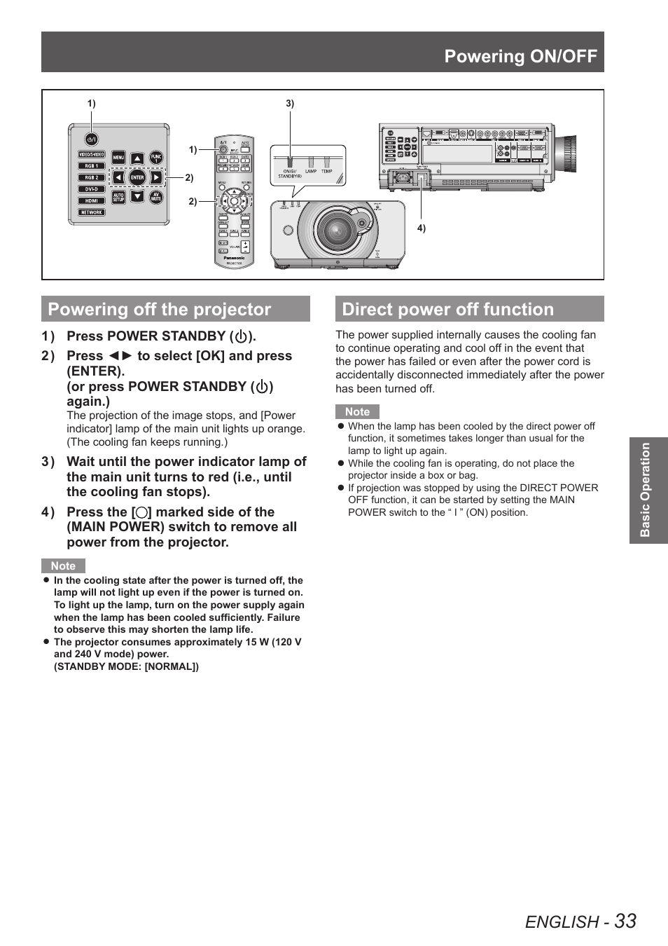 Powering off the projector, Direct power off function, Powering on/off | English | Panasonic TQBJ0349 User Manual | Page 33 / 95