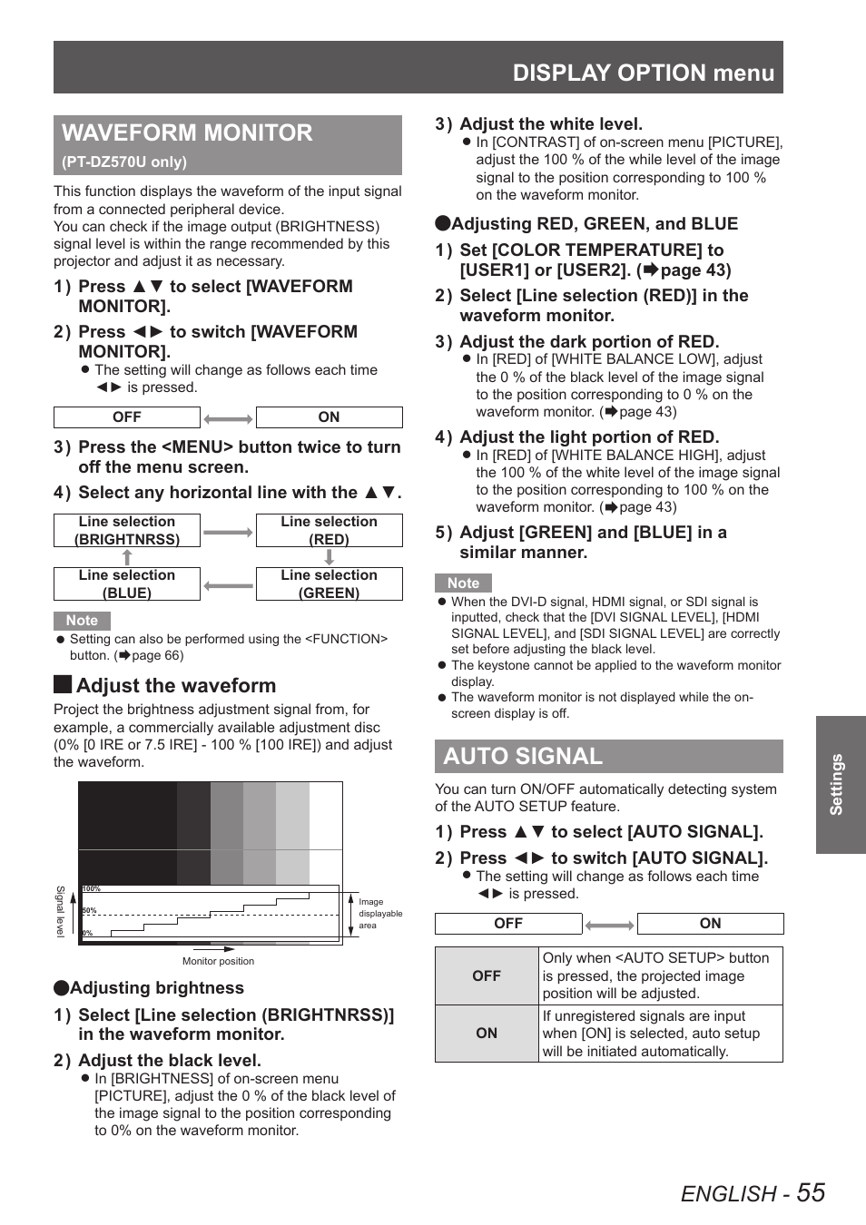 Waveform monitor (pt-dz570u only), Auto signal, Waveform monitor | Pt-dz570u only), Display option menu, English, Adjust the waveform | Panasonic TQBJ0349 User Manual | Page 55 / 95