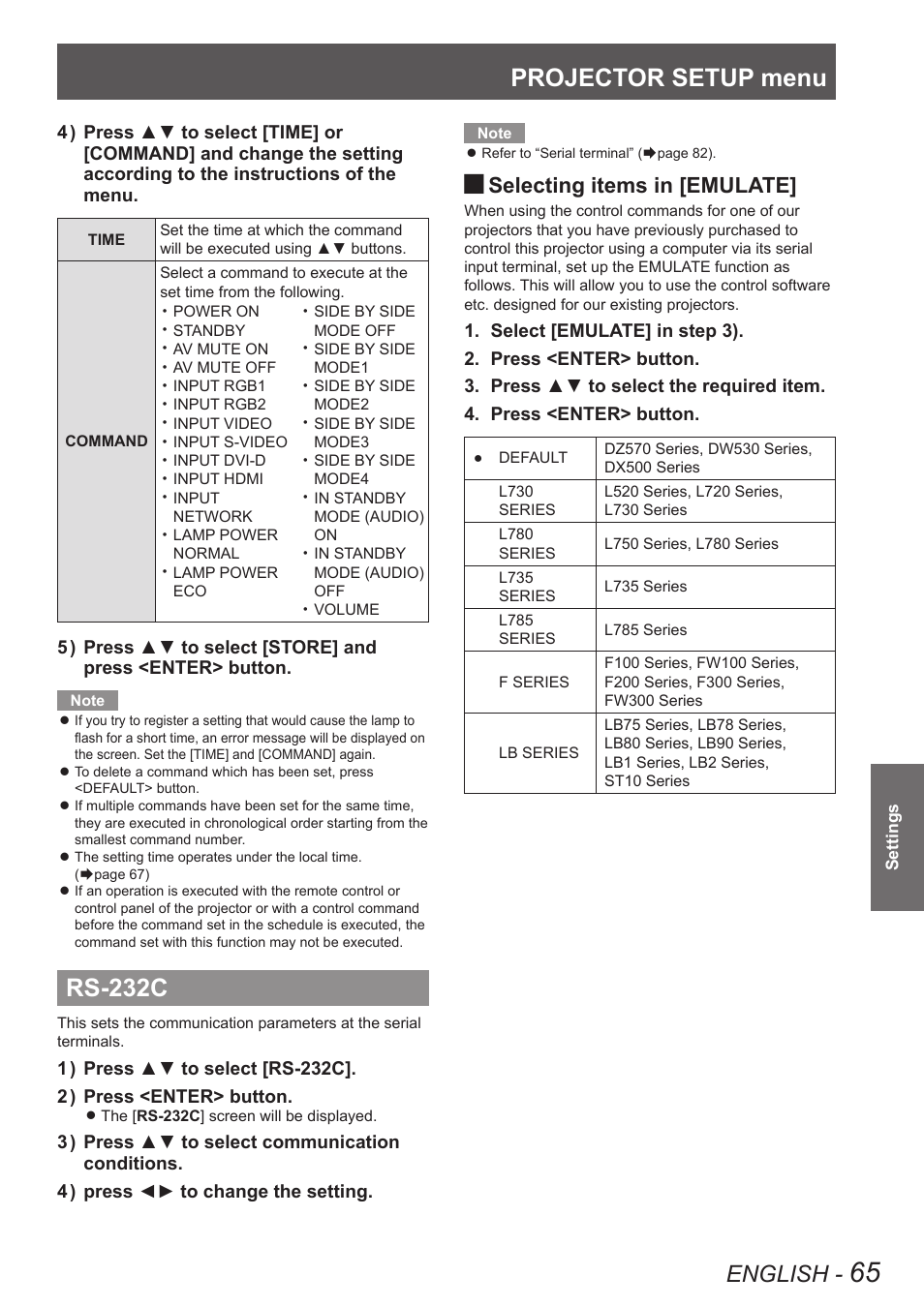 Rs-232c, Projector setup menu, English | Selecting items in [emulate | Panasonic TQBJ0349 User Manual | Page 65 / 95