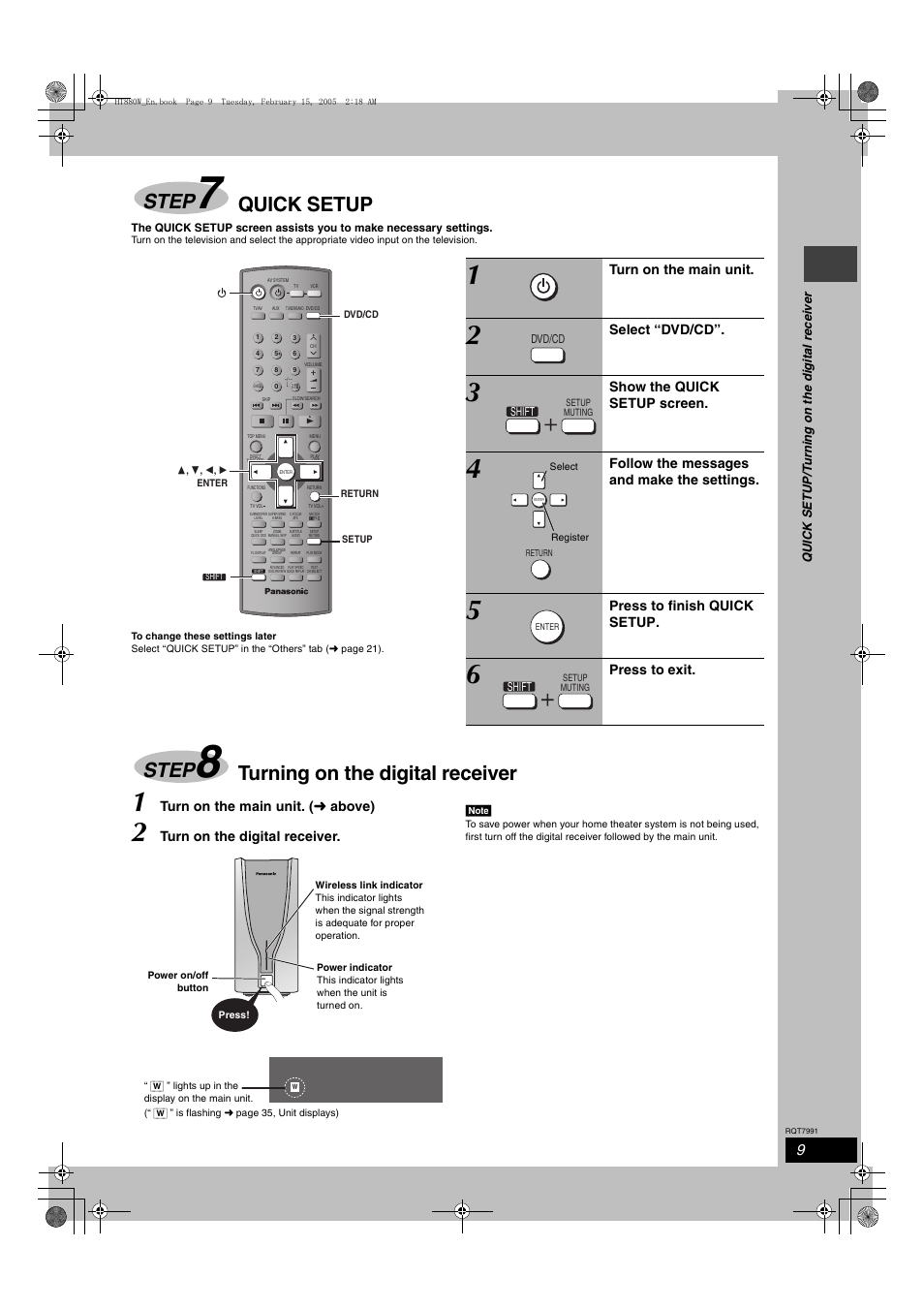 Step, Quick setup, Turning on the digital receiver | Turn on the main unit. ( ➜ above), Turn on the digital receiver, Turn on the main unit, Select “dvd/cd, Show the quick setup screen, Follow the messages and make the settings, Press to finish quick setup | Panasonic SC-HT880W User Manual | Page 9 / 36