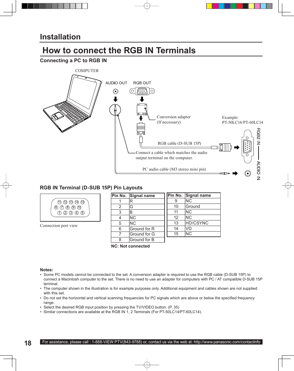 How to connect the rgb in terminals, Installation | Panasonic PT-43LC14 User Manual | Page 18 / 88