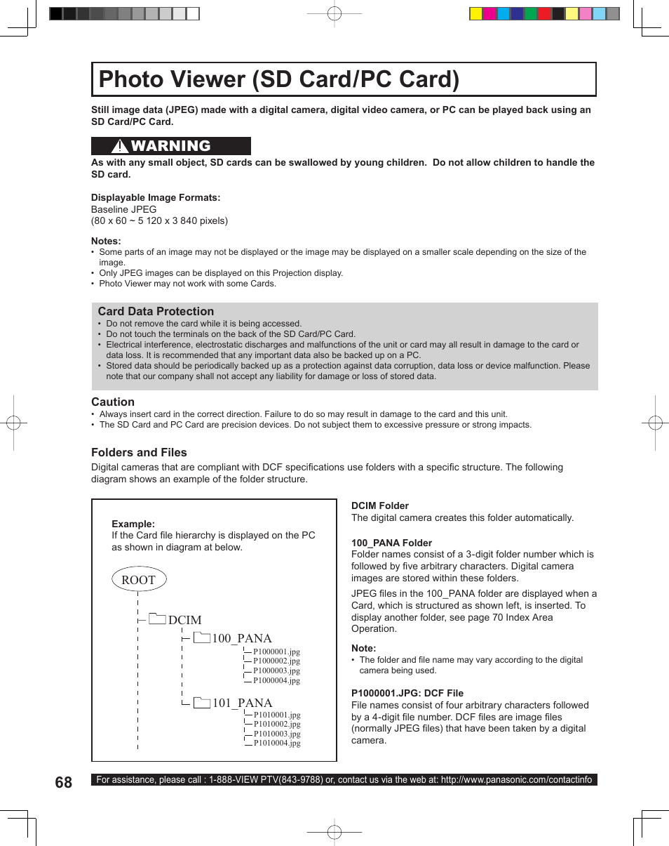 Photo viewer ( sd card / pc card ), Photo viewer (sd card/pc card), Warning | Panasonic PT-43LC14 User Manual | Page 68 / 88