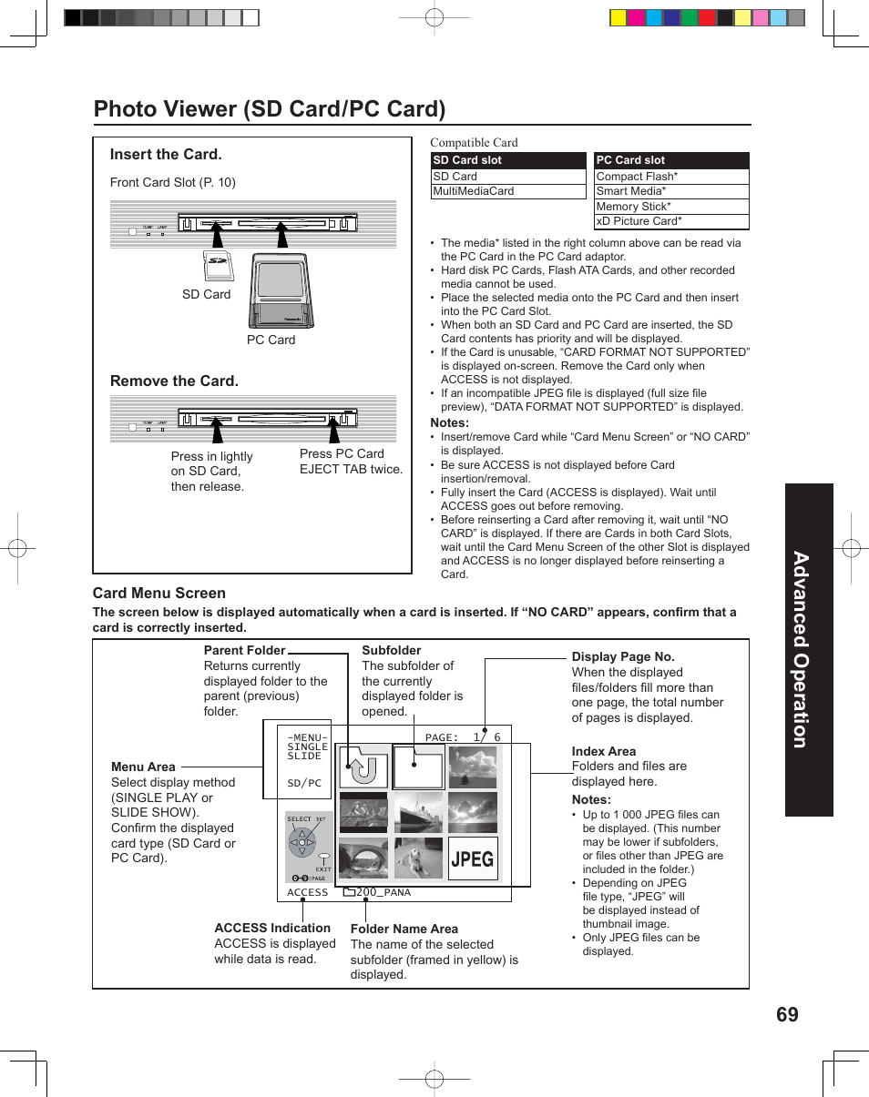 Photo viewer (sd card/pc card), 69 advanced op er a tion | Panasonic PT-43LC14 User Manual | Page 69 / 88