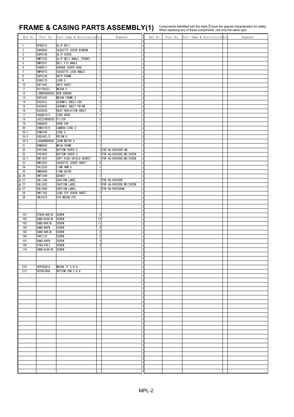 Frame & casing parts assembly(1), Mpl-2 | Panasonic AG-HVX202EN User Manual | Page 3 / 11