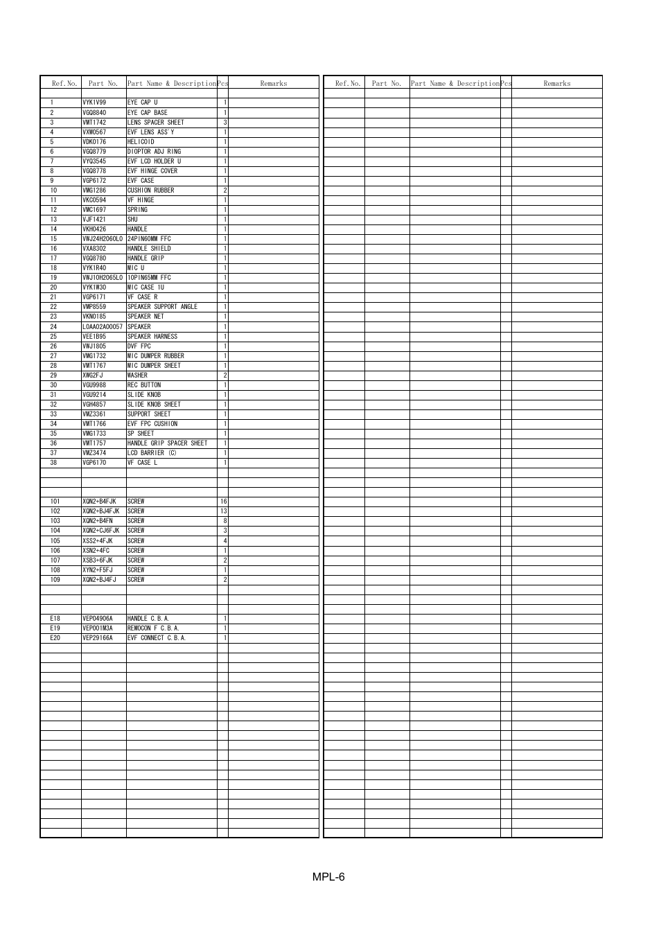 Handle evf parts assembly, Mpl-6 | Panasonic AG-HVX202EN User Manual | Page 7 / 11
