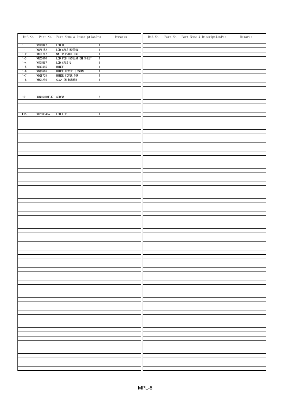 Lcd parts assembly, Mpl-8 | Panasonic AG-HVX202EN User Manual | Page 9 / 11