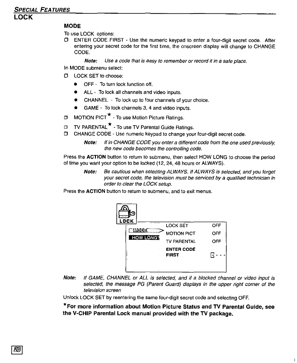 Lock, Mode | Panasonic PT 51SX60 User Manual | Page 22 / 48
