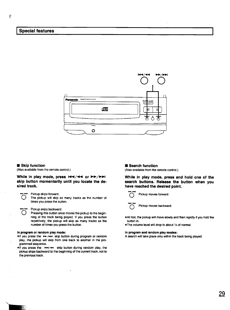 Special features, Skip function, While in play mode, press or | Search function | Panasonic SC-CH11 User Manual | Page 28 / 51