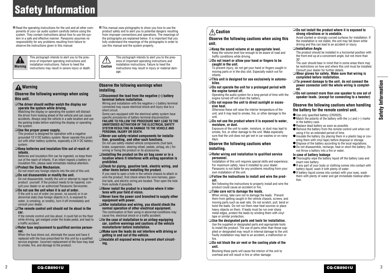 Safety information | Panasonic CQ-CB8901U User Manual | Page 2 / 28