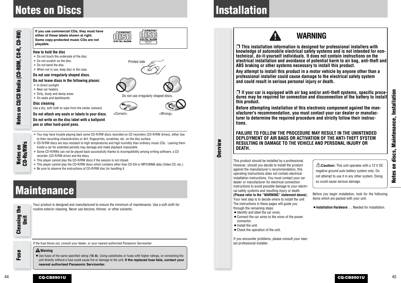 Notes on discs, Maintenance, Installation | Warning | Panasonic CQ-CB8901U User Manual | Page 23 / 28