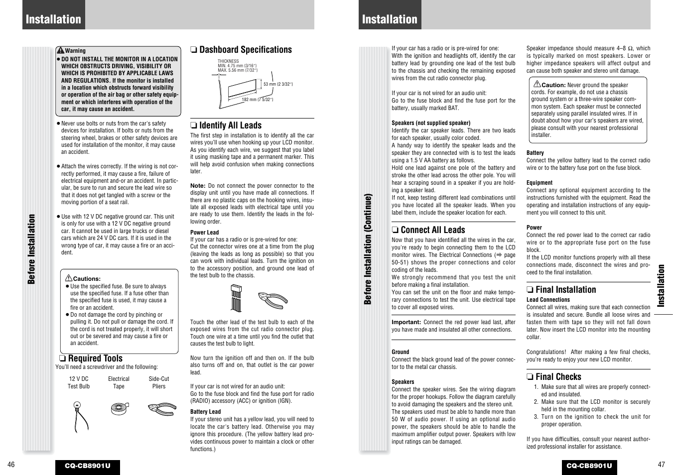 Installation, Required tools, Dashboard specifications | Panasonic CQ-CB8901U User Manual | Page 24 / 28