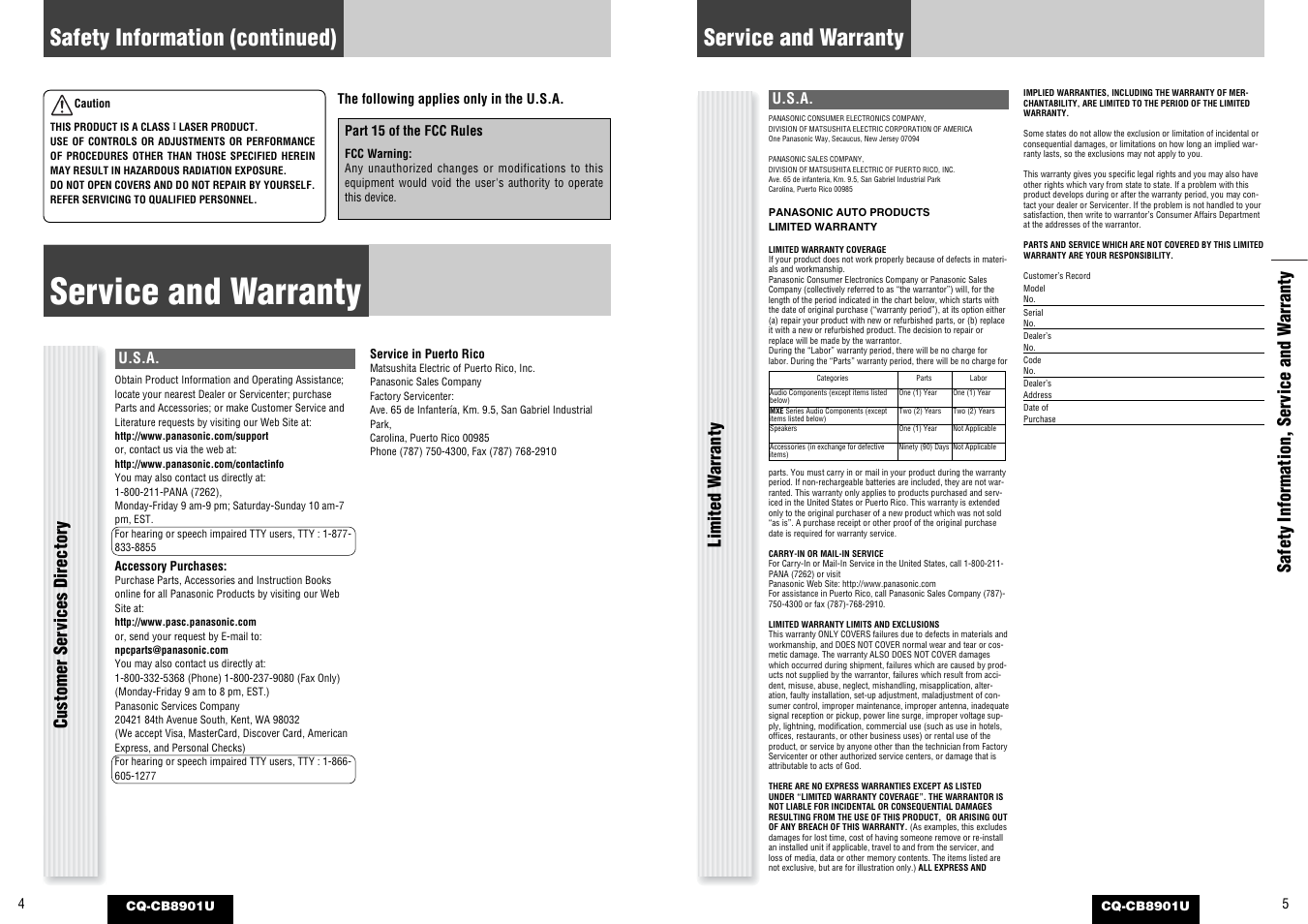 Service and warranty, Safety information (continued), Safety information, ser vice and w a rranty | Limited w a rranty customer ser vices director y | Panasonic CQ-CB8901U User Manual | Page 3 / 28