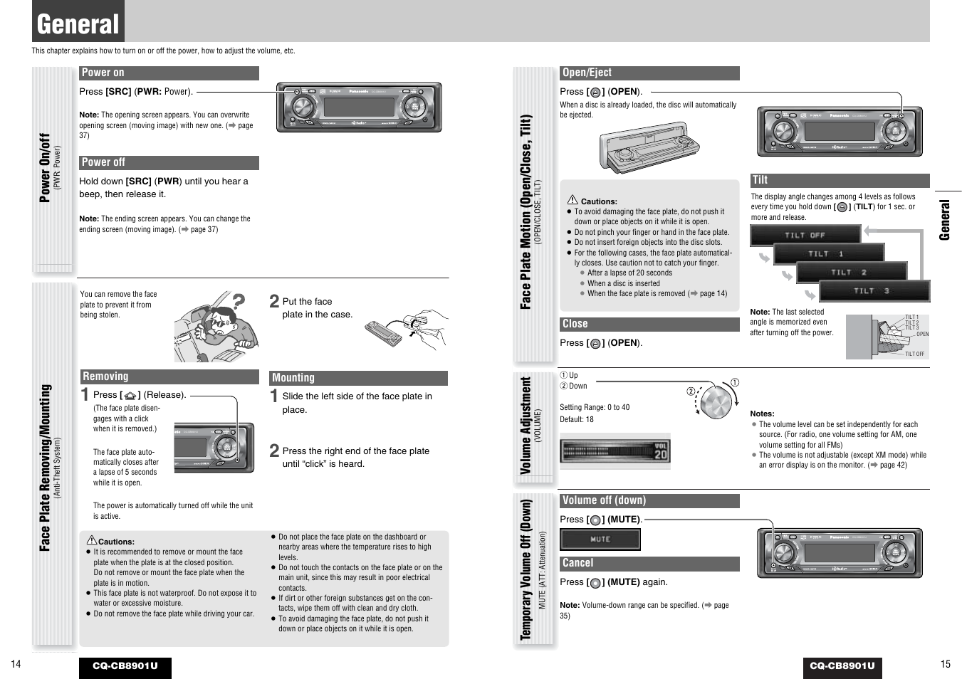 General, General power on/off, Face plate motion (open/close, t ilt) | Volume adjustment, Temporar y v olume off (down), Face plate removing/mounting | Panasonic CQ-CB8901U User Manual | Page 8 / 28