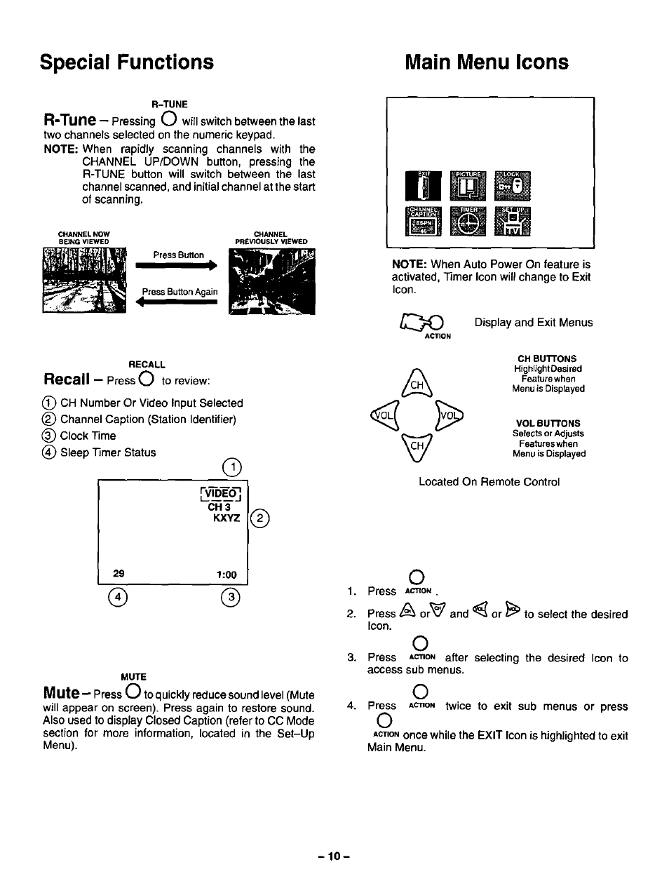 Special functions, Main menu icons, Special functions main menu icons | Panasonic CT-13R17 User Manual | Page 10 / 20
