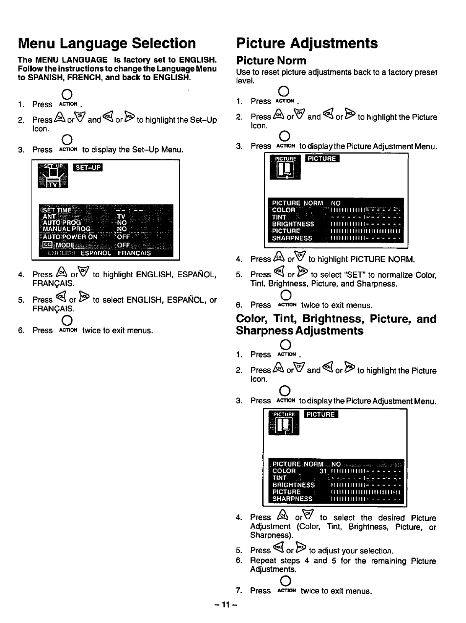 Menu language selection, Picture adjustments, Picture norm | Menu language selection picture adjustments | Panasonic CT-13R17 User Manual | Page 11 / 20