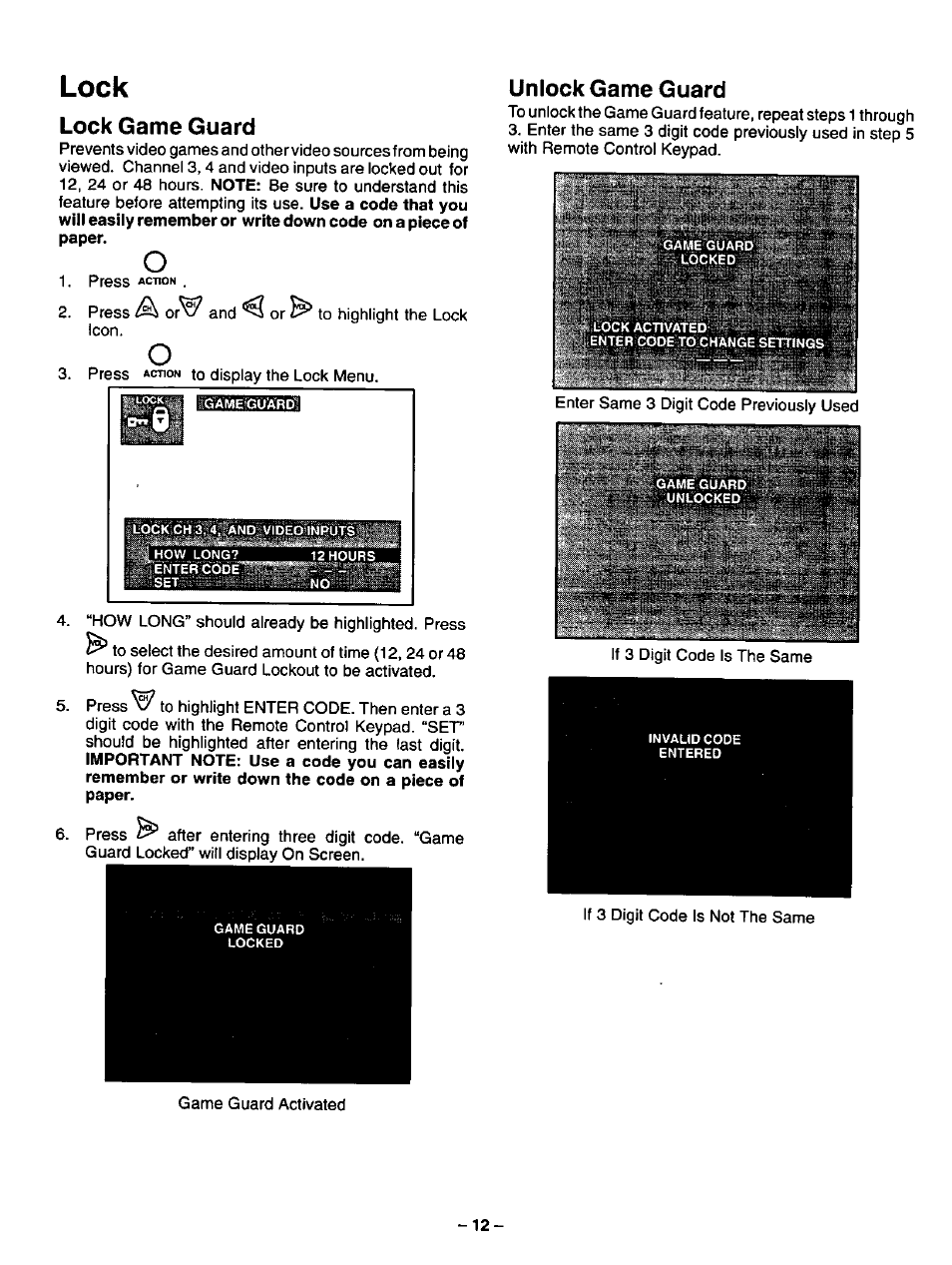 Lock, Lock game guard, Unlock game guard | Lock game guard unlock game guard | Panasonic CT-13R17 User Manual | Page 12 / 20