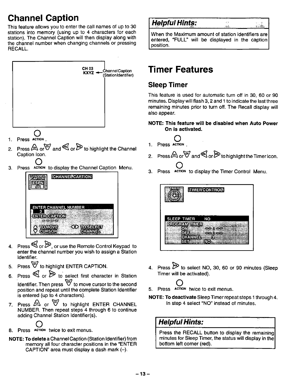 Channel caption, Timer features, Sleep timer | Channel caption timer features | Panasonic CT-13R17 User Manual | Page 13 / 20