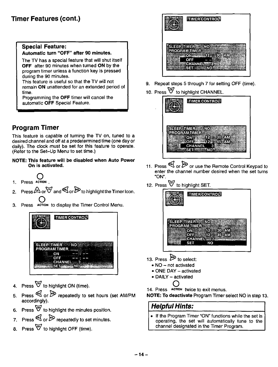 Timer features (cent.), Special feature, Program timer | Program ttmer | Panasonic CT-13R17 User Manual | Page 14 / 20