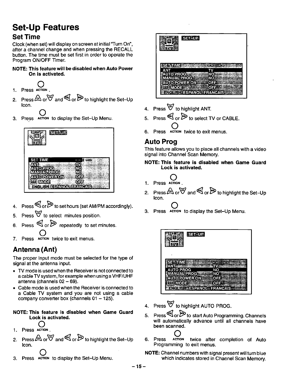 Set-up features, Set time, Antenna (ant) | Auto prog, Set time antenna (ant) auto prog | Panasonic CT-13R17 User Manual | Page 15 / 20