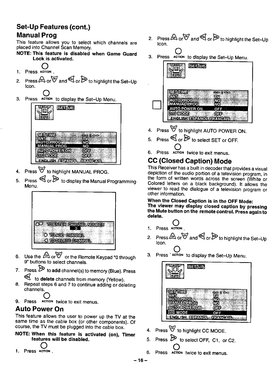 Set-up features (cent.), Manual prog, Auto power on | Cc (closed caption) mode, Manual prog auto power on cc (closed caption) mode | Panasonic CT-13R17 User Manual | Page 16 / 20