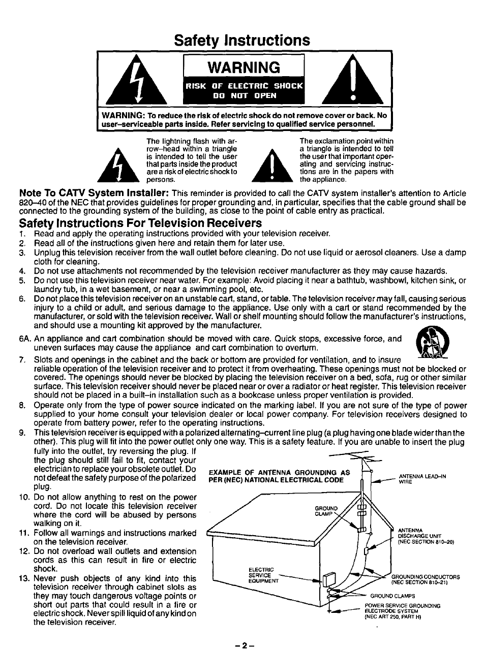 Safety instructions, Warning, Safety instructions for television receivers | Safety instructions warning | Panasonic CT-13R17 User Manual | Page 2 / 20