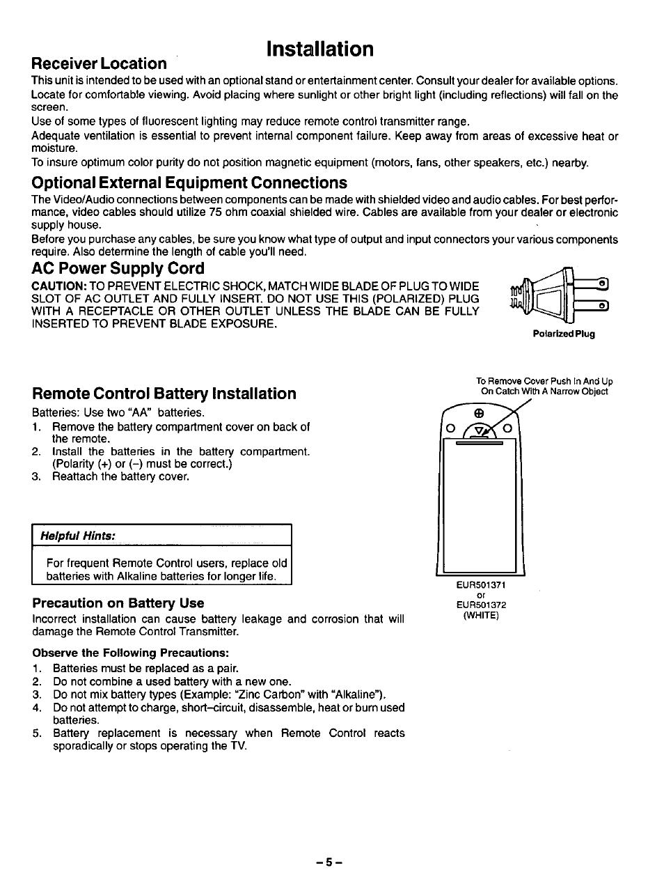 Installation, Receiver location, Optional external equipment connections | Ac power supply cord, Remote control battery installation, Precaution on battery use, Instaiiation | Panasonic CT-13R17 User Manual | Page 5 / 20