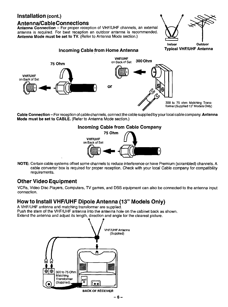 Installation (cont.), Antenna/cableconnections, Incoming cable from home antenna | Incoming cable from cable company, Other video equipment, Antenna/cable connections other video equipment, Installation | Panasonic CT-13R17 User Manual | Page 6 / 20