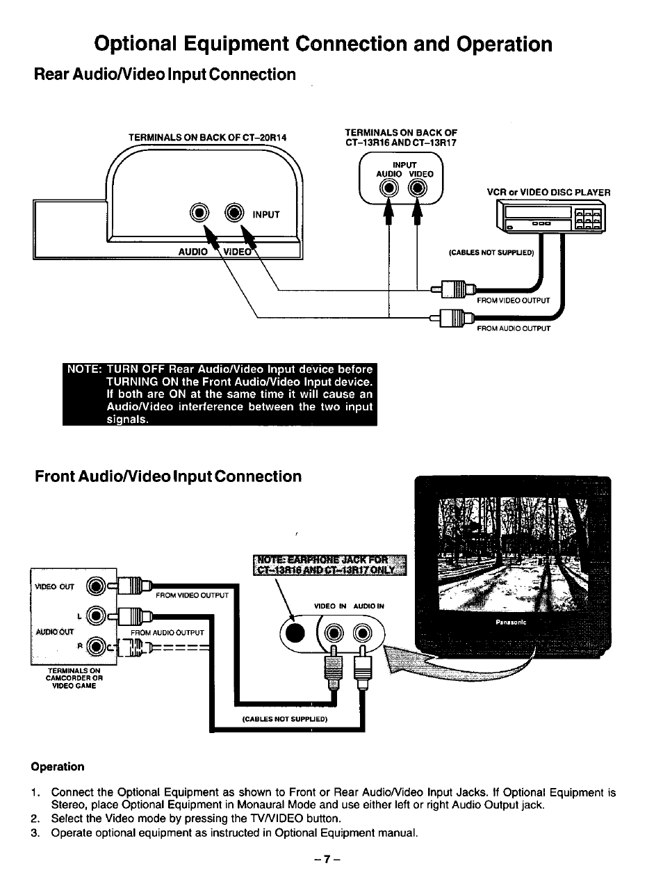 Optional equipment connection and operation, Rear audio/video input connection, Front audio/video input connection | Rear audioa/ideo input connection, Front audioa/ideo input connection | Panasonic CT-13R17 User Manual | Page 7 / 20