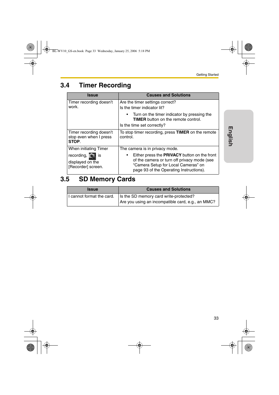 Timer recording, Sd memory cards, English | Panasonic BL-WV10 User Manual | Page 33 / 132