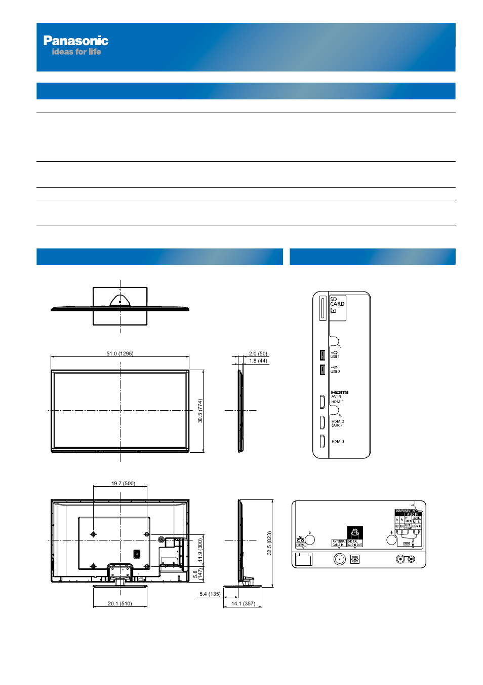 Detailed specification sheet for tc-p55st50, Tc-p55st50, Specifications dimensions jacks | 55" plasma hdtv | Panasonic Viera TC-P60ST50 User Manual | Page 25 / 28