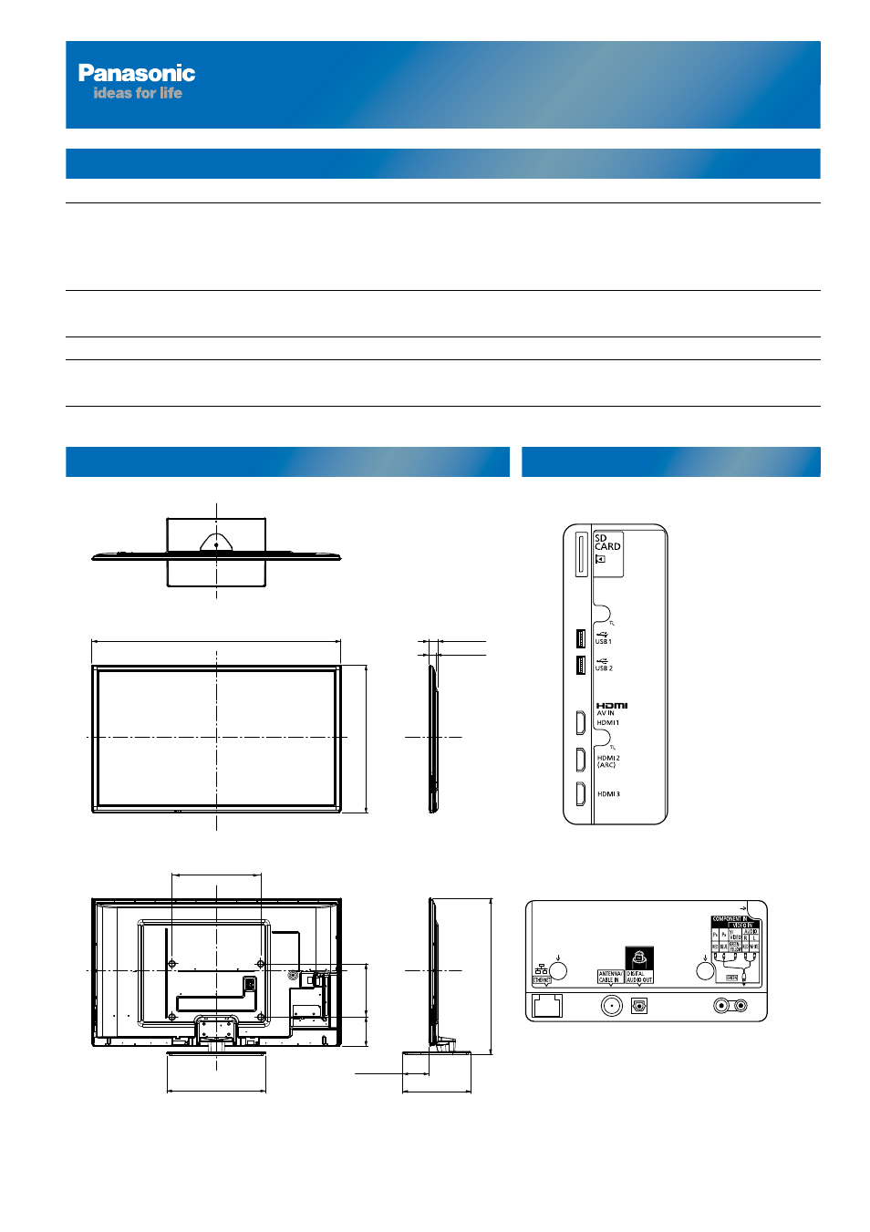 Detailed specification sheet for tc-p60st50, Tc-p60st50, Specifications dimensions jacks | 60" plasma hdtv | Panasonic Viera TC-P60ST50 User Manual | Page 26 / 28