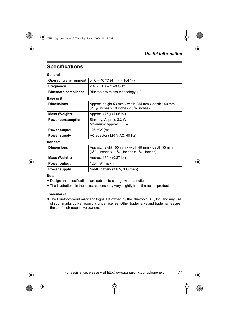 Specifications | Panasonic KXTH111 User Manual | Page 77 / 88