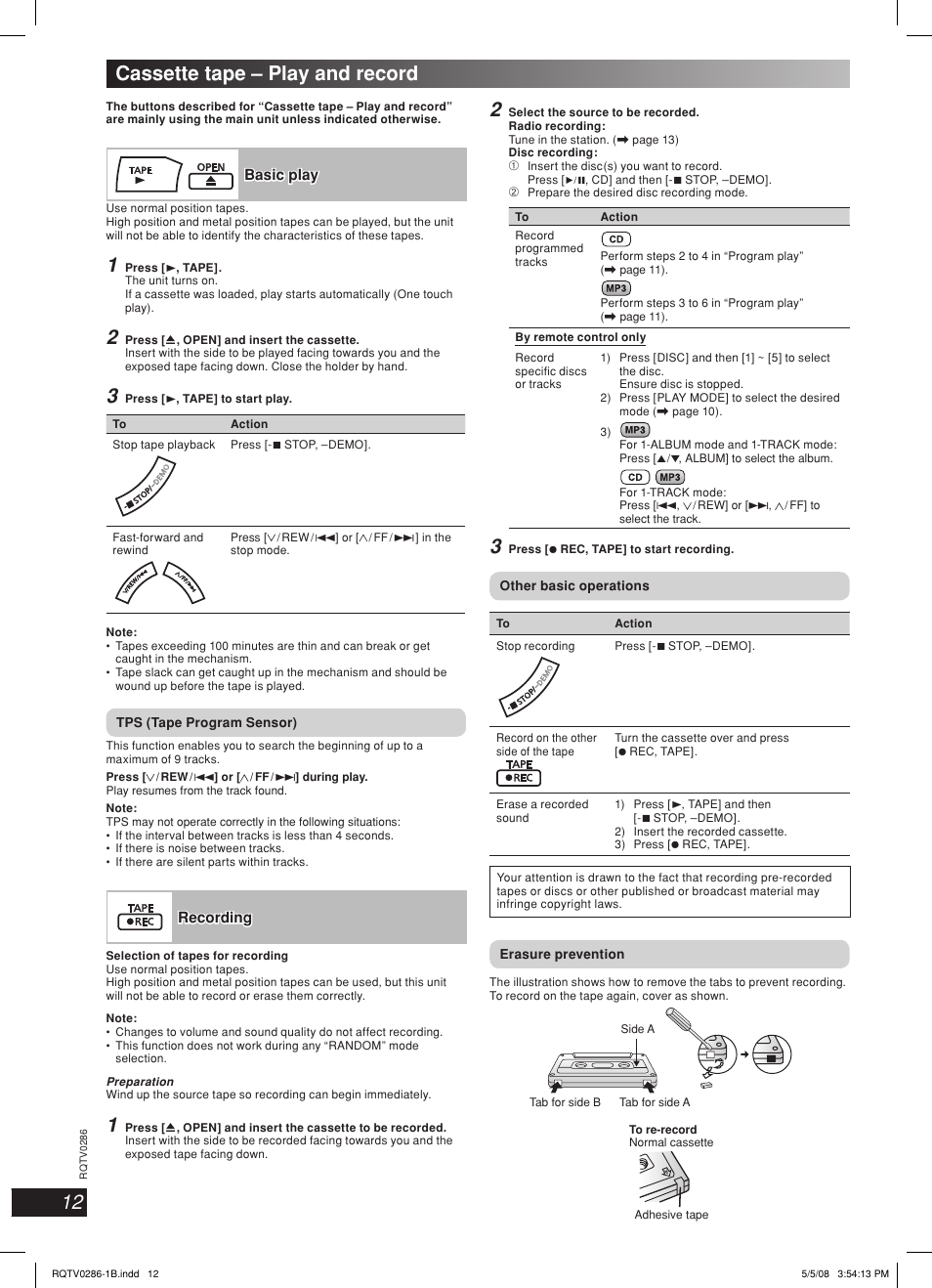 Cassette tape – play and record | Panasonic SB-WAK770 User Manual | Page 12 / 24